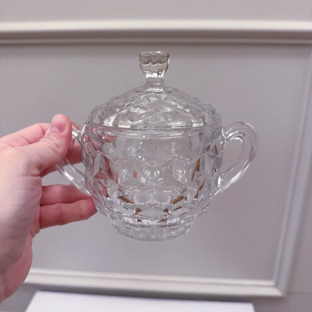 Vintage Fostoria American Sugar Bowl Clear Handled With Lid‎ And Creamer Set